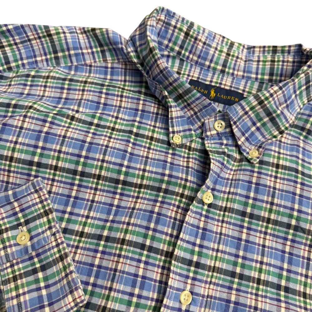 Ralph Lauren Mens 3XB Plaid Button Down Shirt Blue Green Cotton Big & Tall Pony